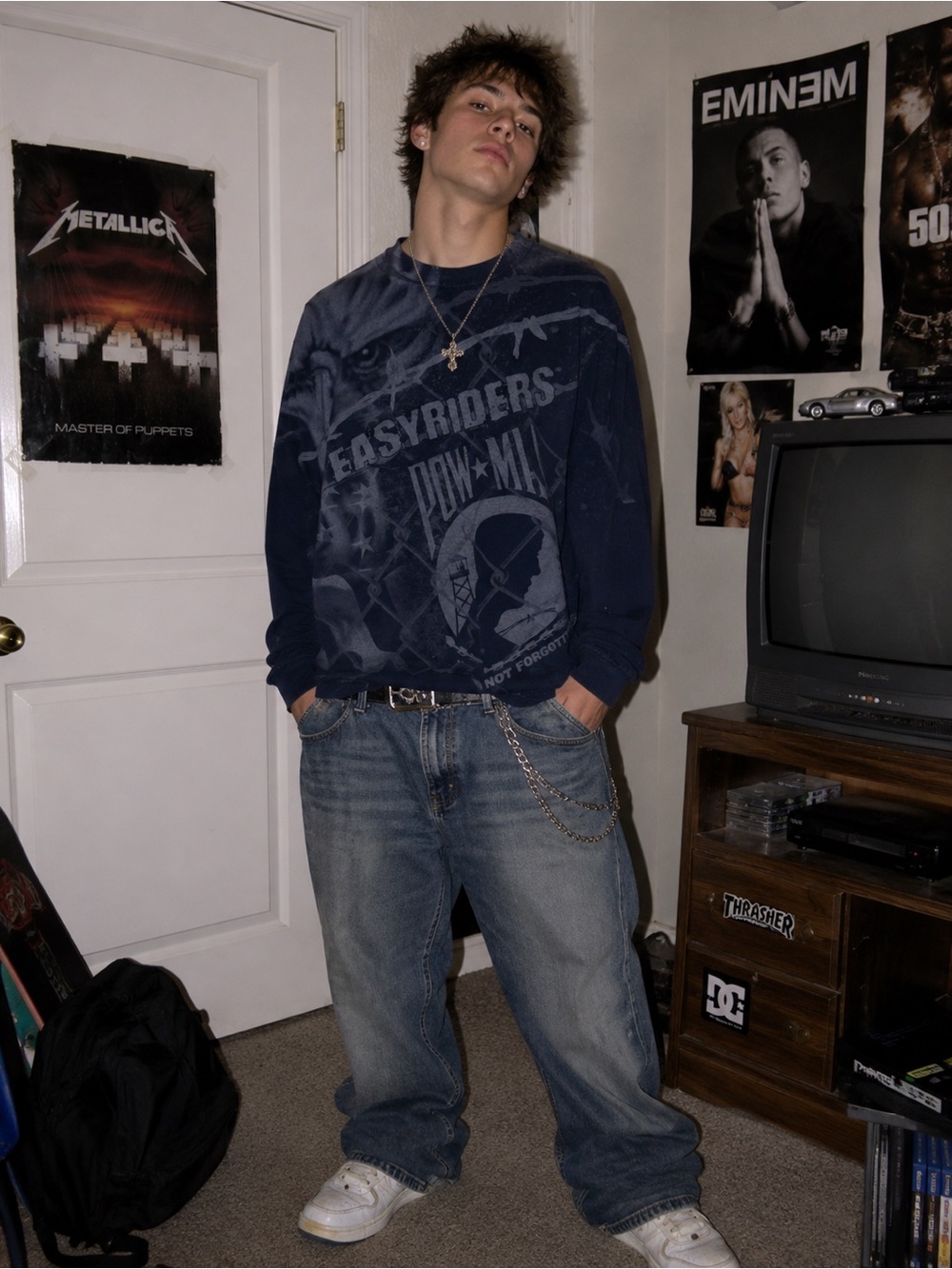Y2K Easy Riders Pow Mia Navy Blue Eagle Motorcycle All Over Print Long Sleeve M